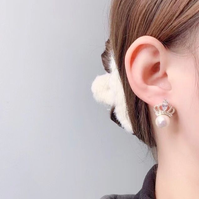  Bông Tai Vương Miện Màu Vàng Ngọc Trai & Pha Lê Trắng (AF) 