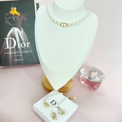  Bộ Trang Sức Dior Vàng - Vòng cổ Choker, Vòng Tay & Bông Tai Ngọc Trai, Pha Lê 6 Kiểu Đeo Quý Phái (AH) 