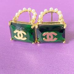  Bông Tai Túi Xách Chanel Bản To Màu Vàng Pha Lê xanh & Ngọc Trai (BV) 
