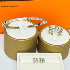  Bộ Trang Sức Hermes Trắng - Vòng Tay, Nhẫn & Bông Tai Pha Lê (AA) 