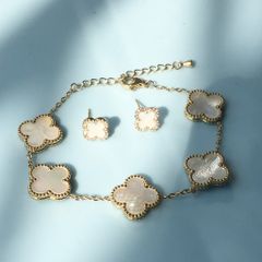  Bộ Trang Sức Cỏ 4 Lá May Mắn - Vòng Tay & Bông Tai Màu Vàng Size Nhỏ Pha Lê (AK) 