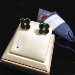  Bông Tai Cỏ 4 Lá May Mắn Màu Đen Bản To 1,4cm Pha Lê (AA) 