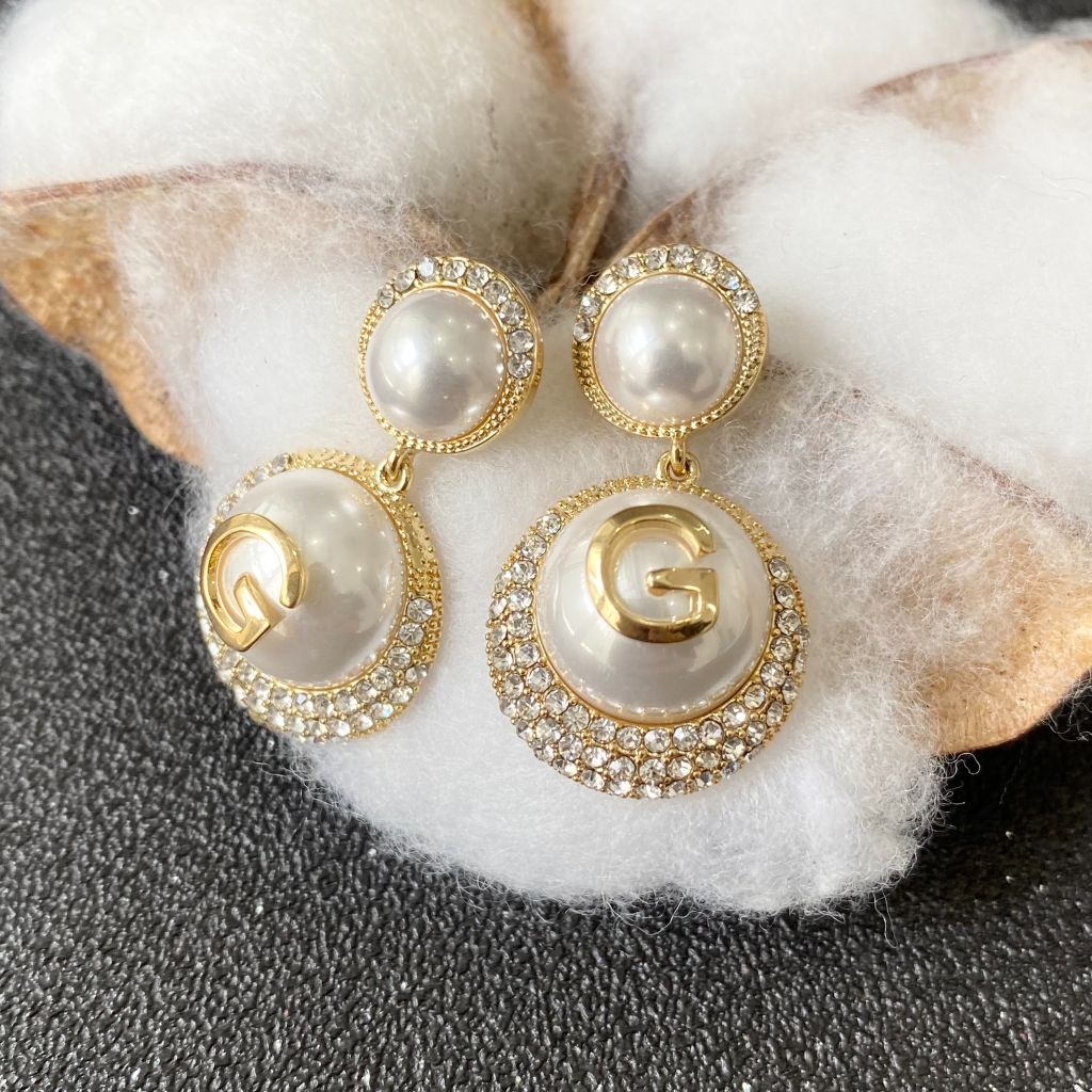  Bông Tai Gucci Màu Vàng Ngọc Trai & Pha Lê Trắng (AC) 