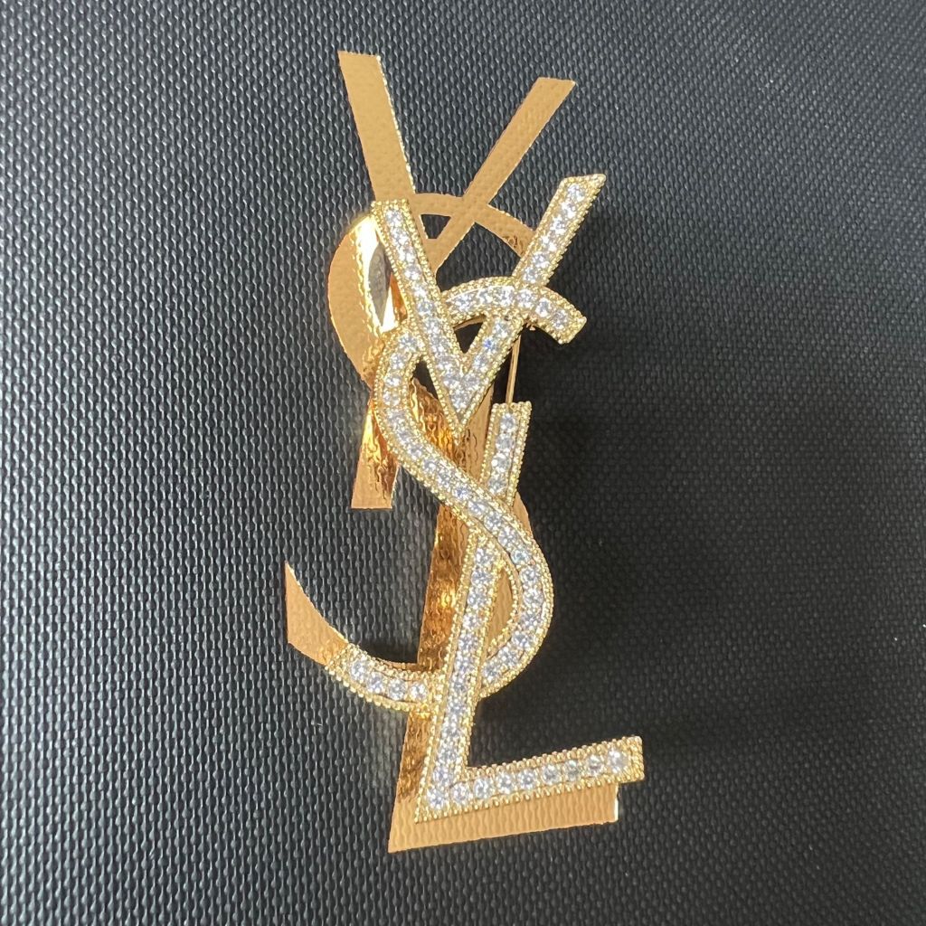  Cài Áo Nam, Nữ - YSL Vàng Bản To Pha Lê (AQ) 