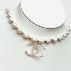  Vòng Cổ Choker Chanel Màu Vàng Chuỗi Ngọc Trai Thiên Nhiên & Pha Lê Trắng Sang Trọng 