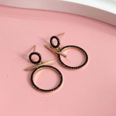  Bông Tai 2 Vòng Tròn Màu Vàng Pha Lê Đen Tinh Tế 