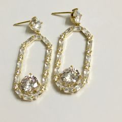  Bông Tai Chữ Nhật Bản To Màu Vàng Pha Lê Trắng (AD) 