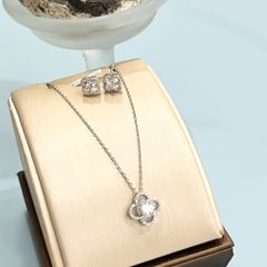  Bộ Trang Sức Bạc Cao Cấp - Dây Chuyền & Bông Tai Cỏ 4 Lá May Mắn (AQ) 