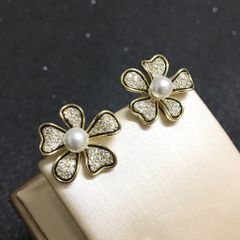  Bông Tai Cánh Hoa Màu Vàng Ngọc Trai & Pha Lê Trắng (AZ) 