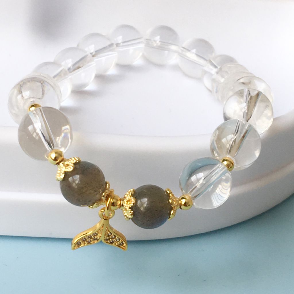  Vòng Đá Phong Thuỷ Cao Cấp - Đuôi Cá Pha Lê & Đá Thạch Anh Trắng, Đá Mặt Trăng Màu Xám Tự Nhiên 