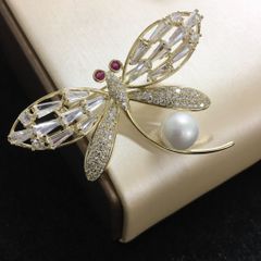  Cài Áo Nam, Nữ - Con Chuồn Chuồn Vàng Bản To Ngọc Trai & Pha Lê Đỏ, Trắng 