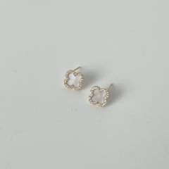  Bông Tai Cỏ 4 Lá May Mắn 1cm Vỏ Trai Thiên Nhiên & Pha Lê Trắng (AG) 