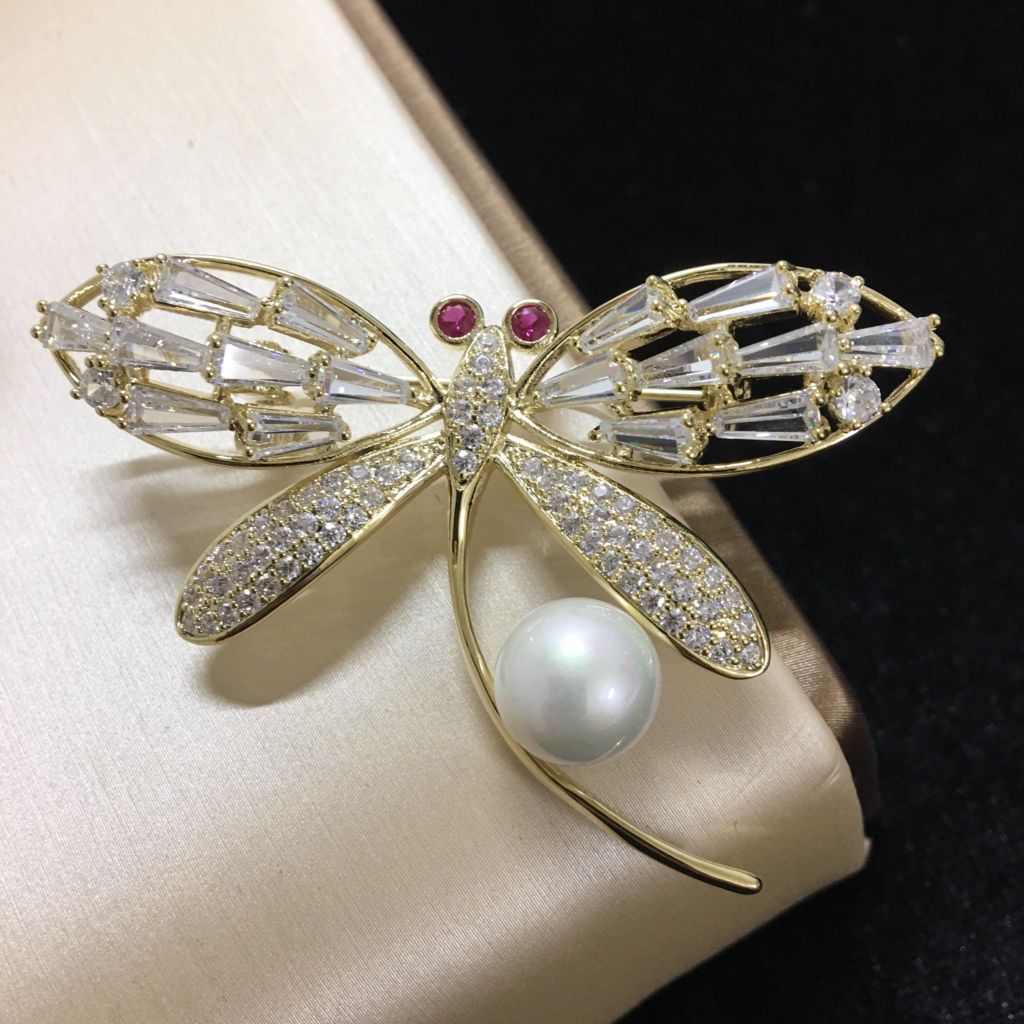  Cài Áo Nam, Nữ - Con Chuồn Chuồn Vàng Bản To Ngọc Trai & Pha Lê Đỏ, Trắng 