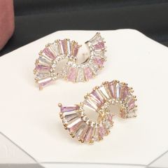  Bông Tai Viền Tai Chữ S Bản To Màu Vàng Pha Lê Hồng & Trắng Sang Trọng 