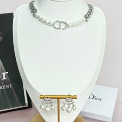  Bộ Trang Sức Dior Trắng - Vòng cổ Choker & Bông Tai Ngọc Trai, Pha Lê Quý Phái (AF) 