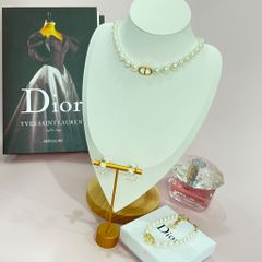  Bộ Trang Sức Dior Vàng - Vòng cổ Choker, Vòng Tay & Bông Tai Ngọc Trai, Pha Lê 2 Kiểu Đeo Quý Phái (AC) 
