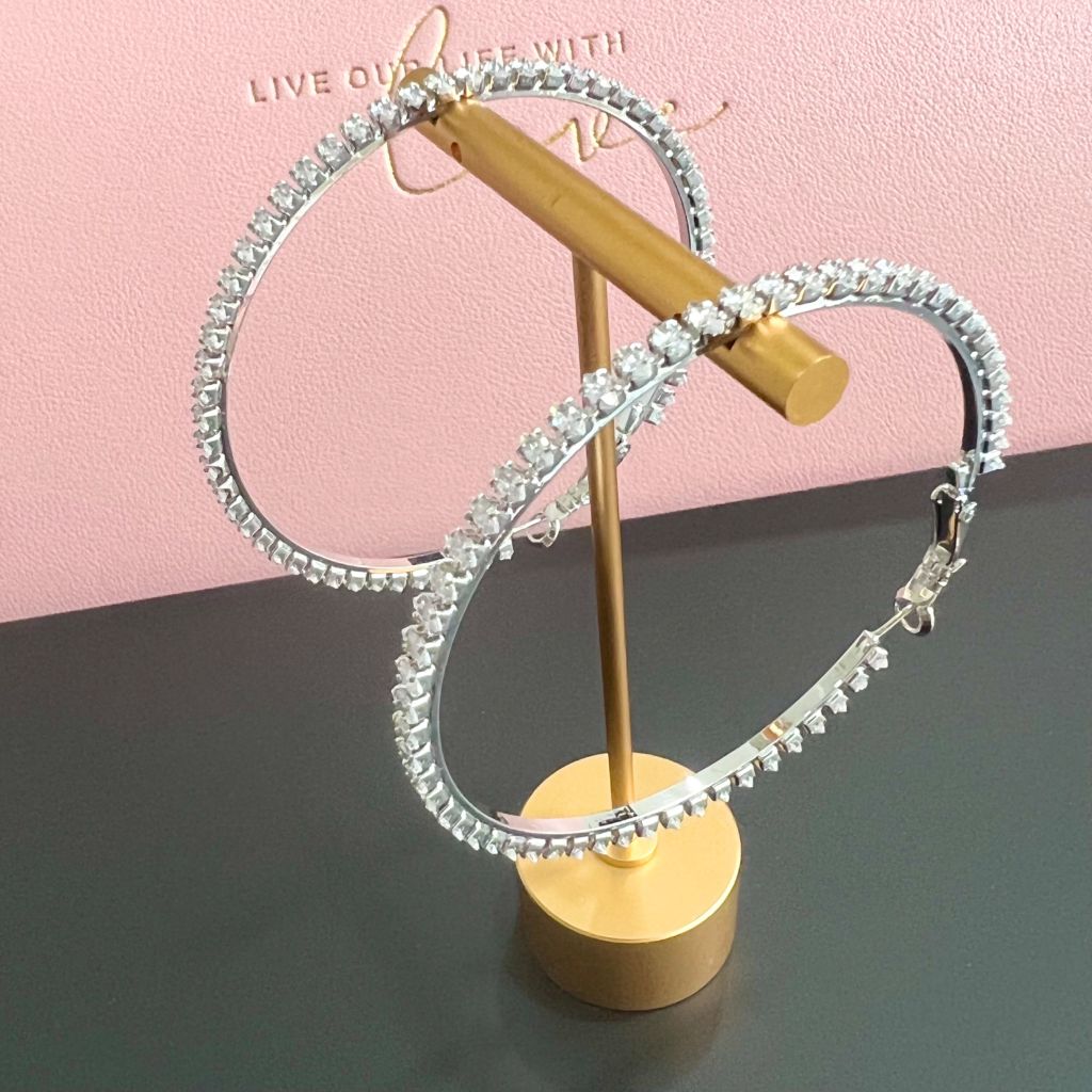  Bông Tai Khoen Tròn Bản To Màu Trắng 7,3cm Pha Lê (BO) 