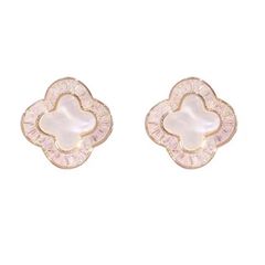  Bông Tai Cỏ 4 Lá May Mắn Bản To 1,8cm Vỏ Trai Thiên Nhiên & Pha Lê Trắng (AH) 