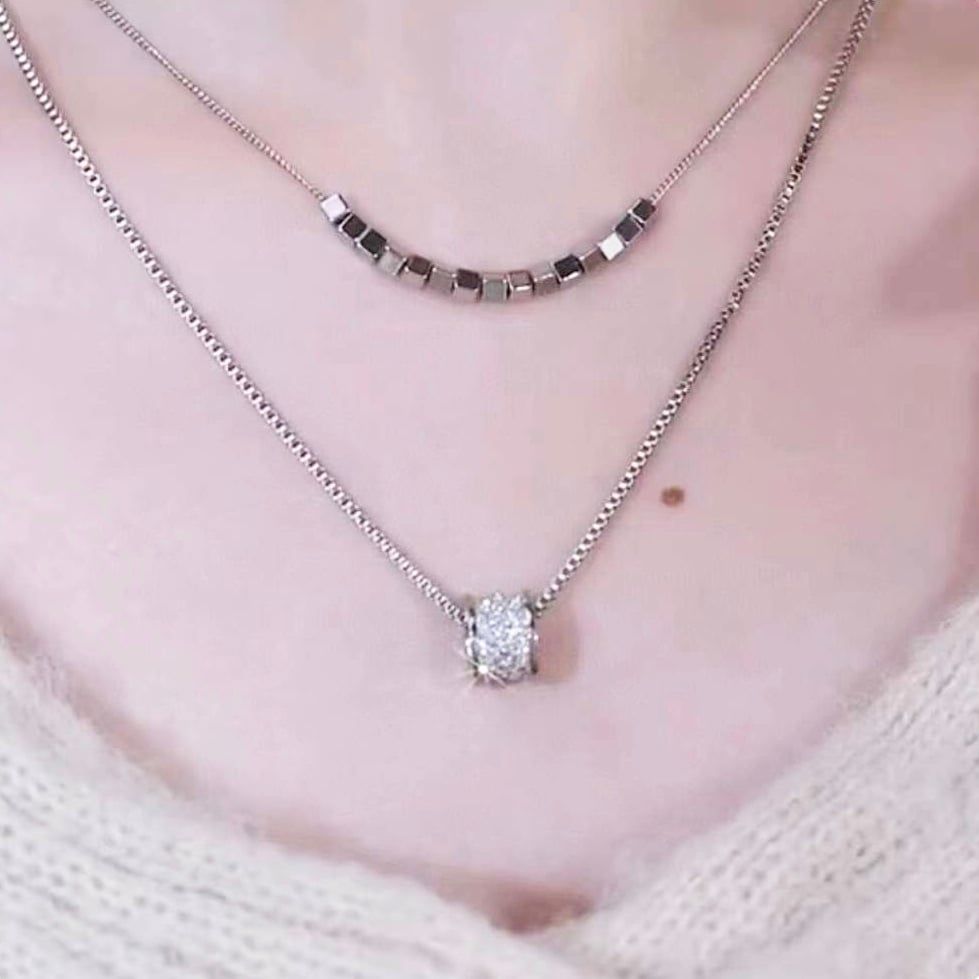  Dây Chuyền Ngắn - 2 Tầng Vòng Tròn Pha Lê Trắng Phong Cách Cá Tính 