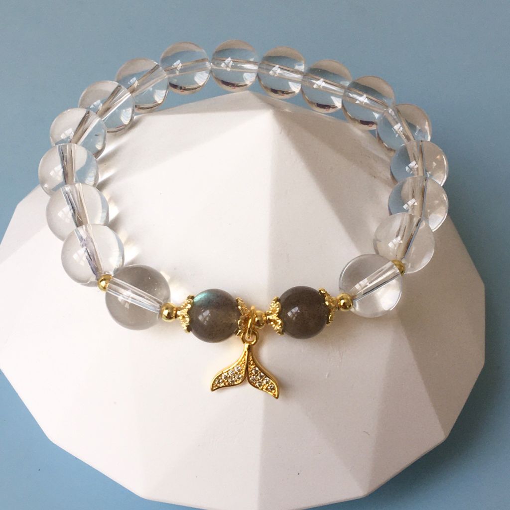  Vòng Đá Phong Thuỷ Cao Cấp - Đuôi Cá Pha Lê & Đá Thạch Anh Trắng, Đá Mặt Trăng Màu Xám Tự Nhiên 