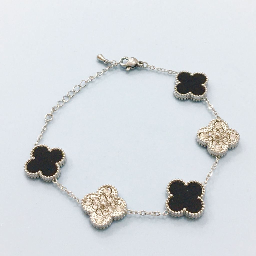  Vòng Tay TiTan Cao Cấp - Cỏ 4 Lá May Mắn Màu Trắng Đen 2 Mặt Pha Lê (AK) 