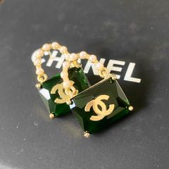  Bông Tai Túi Xách Chanel Bản To Màu Vàng Pha Lê xanh & Ngọc Trai (BV) 