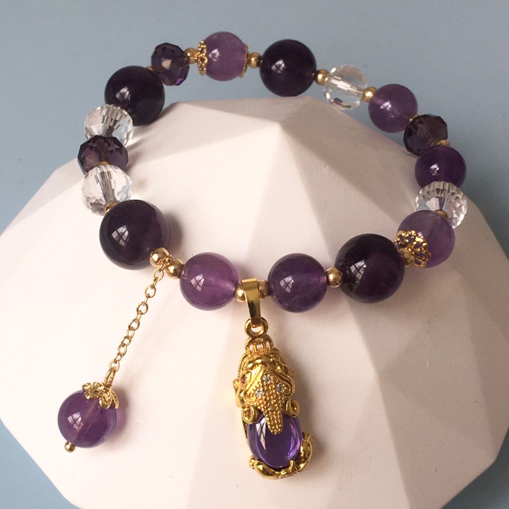  Vòng Đá Phong Thuỷ Cao Cấp - Con Tỳ Hưu Tài Lộc Thạch Anh Tím & Trắng Tự Nhiên 