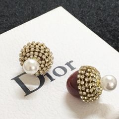  Bông Tai Dior Màu Đỏ Ngọc Trai &  Pha Lê Trắng ( Có 3 Kiểu Đeo ) 