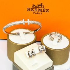  Bộ Trang Sức Hermes Trắng - Vòng Tay, Nhẫn & Bông Tai Pha Lê (AB) 