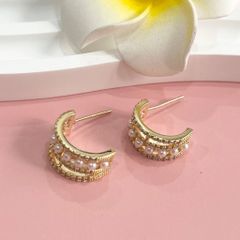  Bông Tai Khoen Tròn Màu Vàng Ngọc Trai & Pha Lê Trắng (AM) 