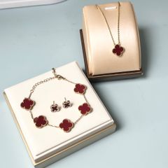  Bộ Trang Sức Cỏ 4 Lá May Mắn - Dây Chuyền, Vòng Tay & Bông Tai Màu Đỏ Pha Lê Trắng (AM) 