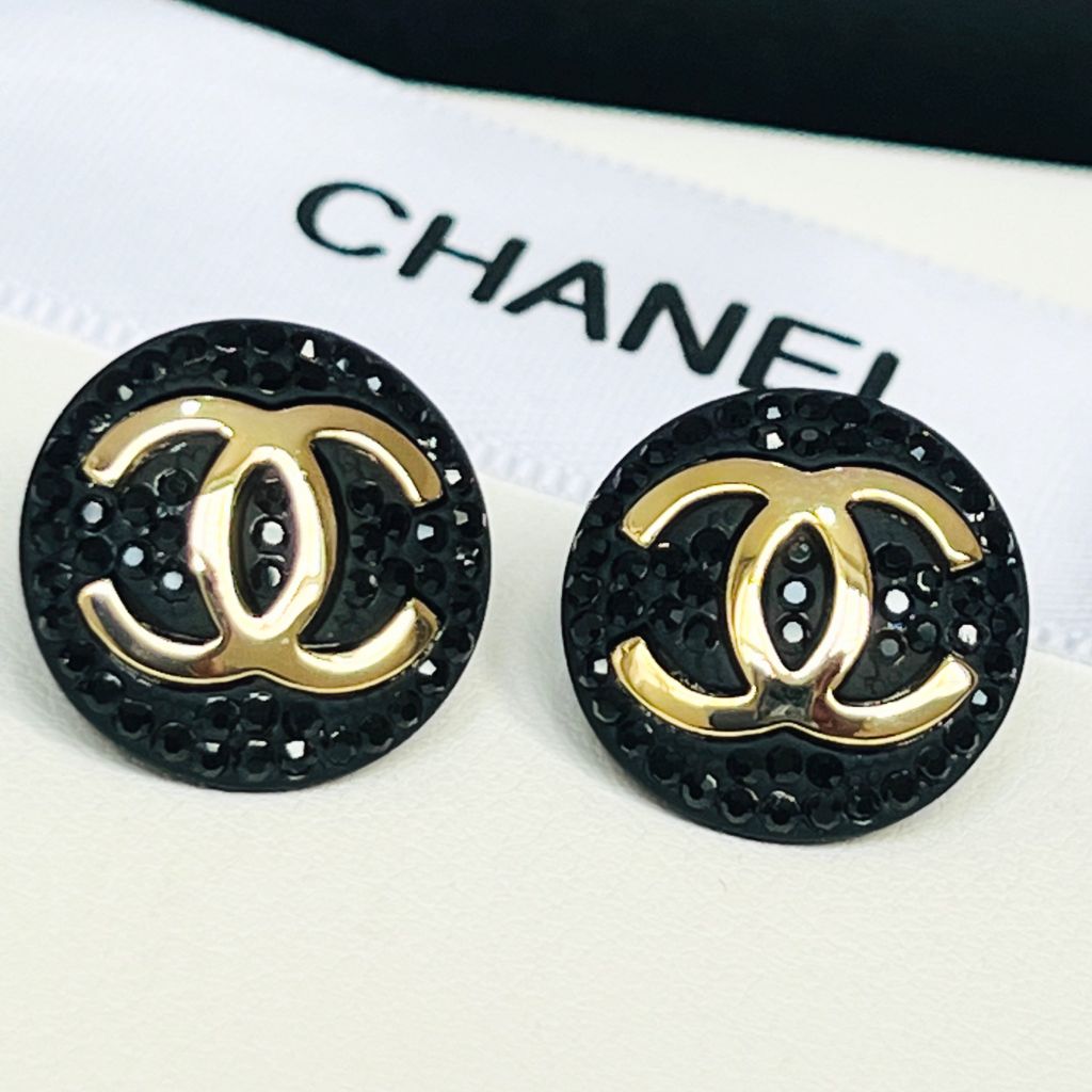  Bông Tai Chanel Bản To Màu Vàng Pha Lê Đen Cá Tính (CK) 