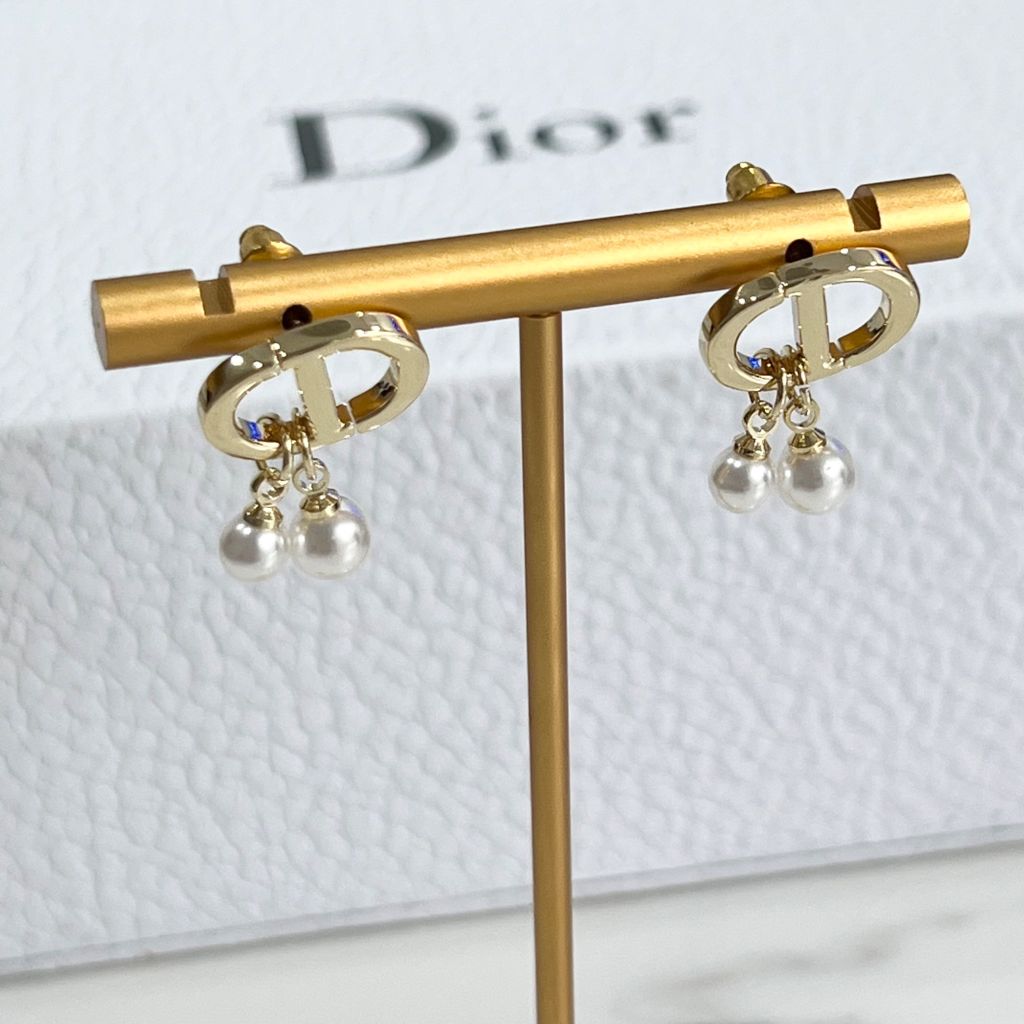  Bông Tai Dior Màu Vàng 2 Hạt Ngọc Trai 