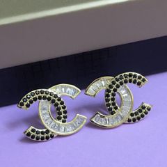  Bông Tai Chanel Bản To Màu Vàng Pha Lê Đen & Trắng Cá Tính (AI) 