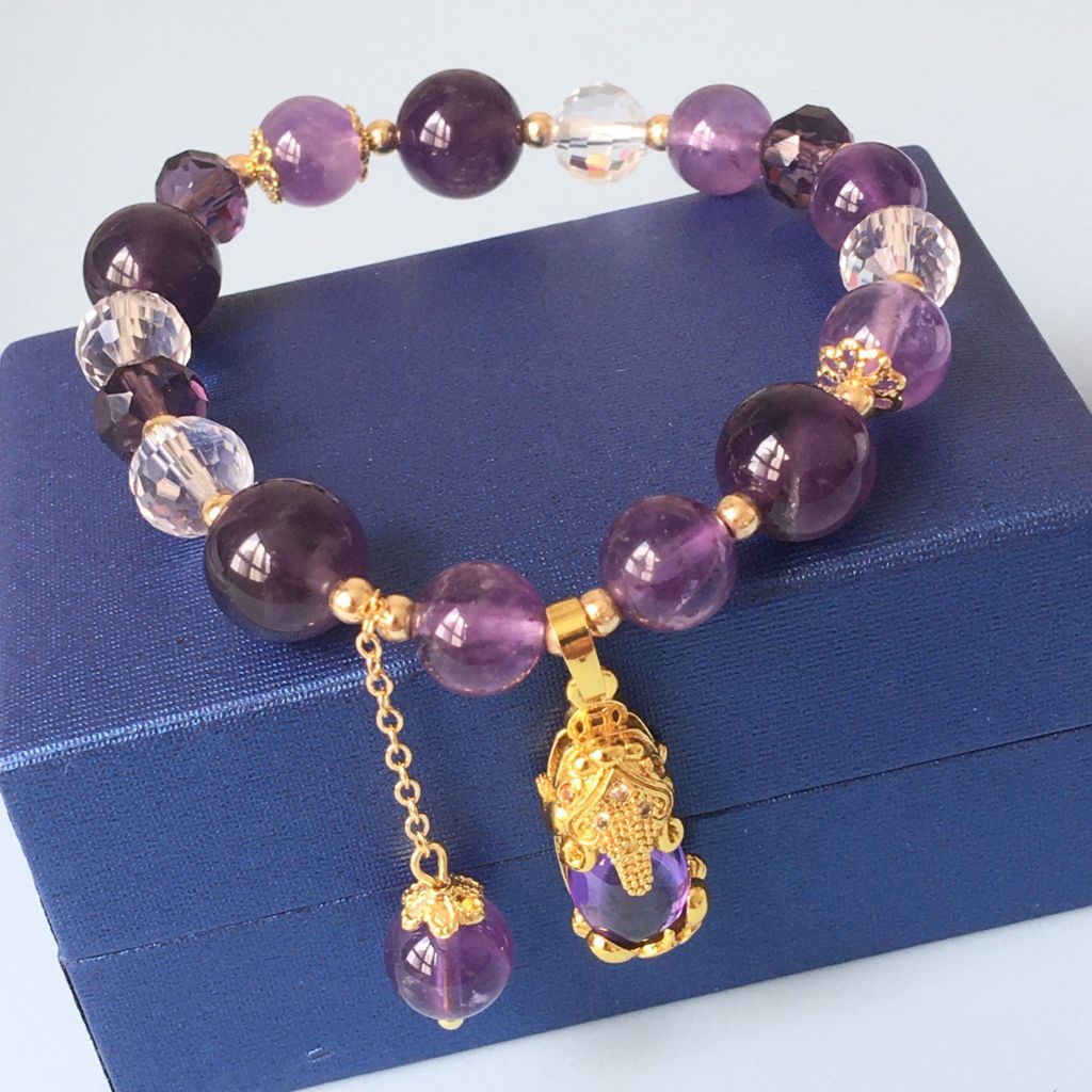  Vòng Đá Phong Thuỷ Cao Cấp - Con Tỳ Hưu Tài Lộc Thạch Anh Tím & Trắng Tự Nhiên 