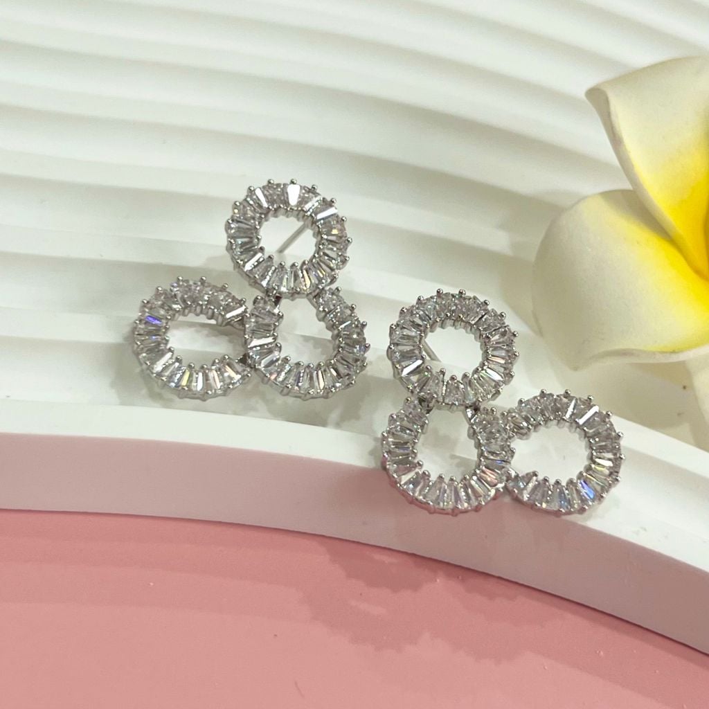  Bông Tai 3 Vòng Tròn Bản To Pha Lê Trắng 