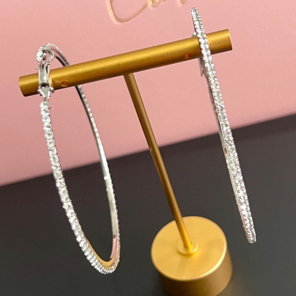  Bông Tai Khoen Tròn Bản To Màu Trắng 6,3cm Pha Lê (BP) 