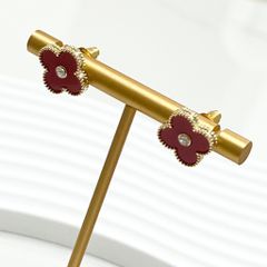  Bông Tai Cỏ 4 Lá May Mắn Màu Đỏ Bản To 1,4cm Pha Lê (AD) 