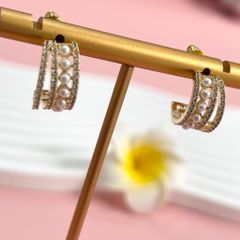  Bông Tai Khoen Tròn Màu Vàng Ngọc Trai & Pha Lê Trắng (AM) 