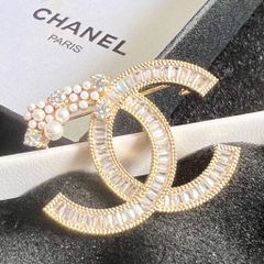  Cài Áo Nam, Nữ - Chanel Màu Vàng Ngọc Trai & Pha Lê Trắng (CK) 