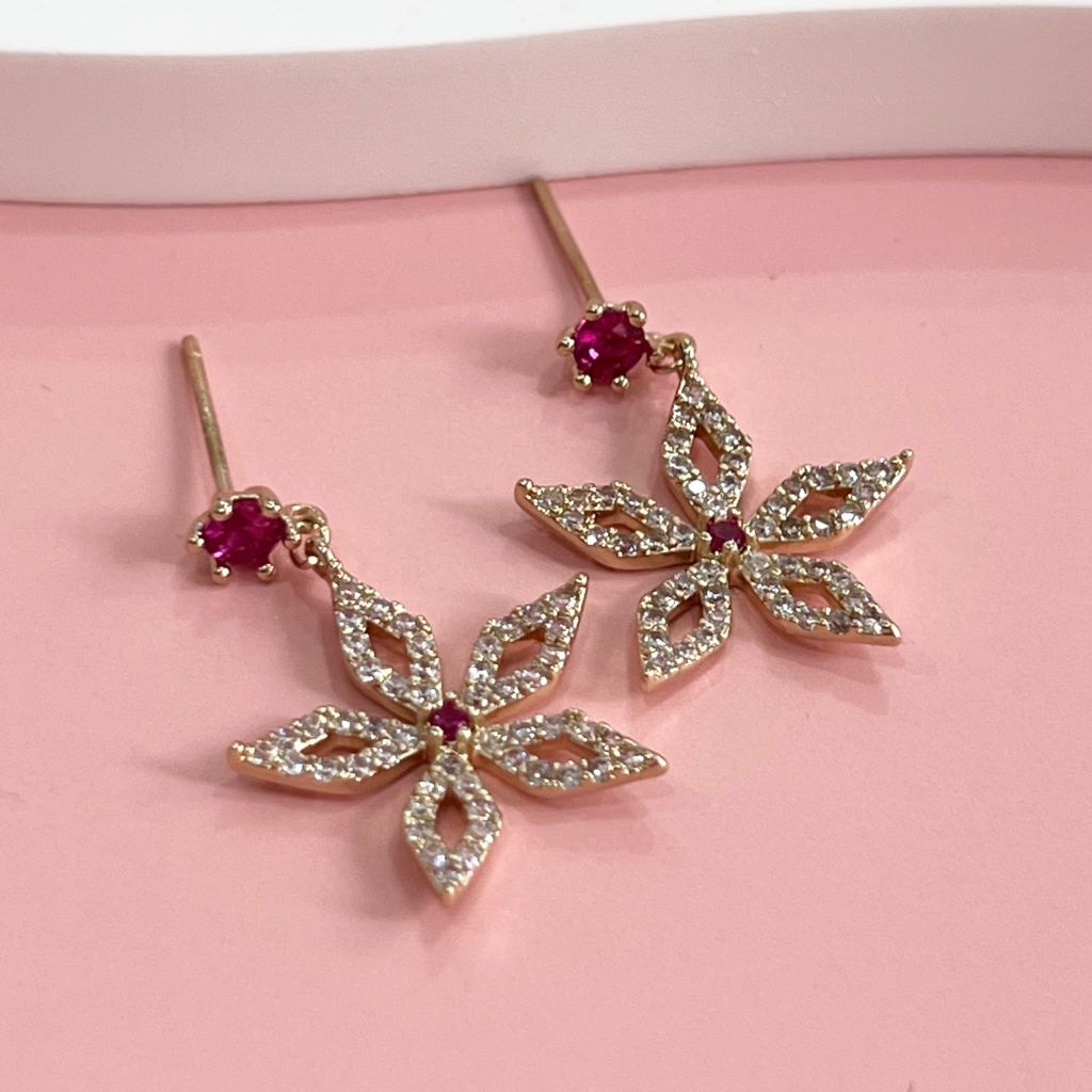  Bông Tai Cánh Hoa Pha Lê Hồng & Trắng (BR) 