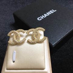  Bộ Trang Sức Chanel Vàng - Cài Áo & Bông Tai Pha Lê Trắng (AF) 