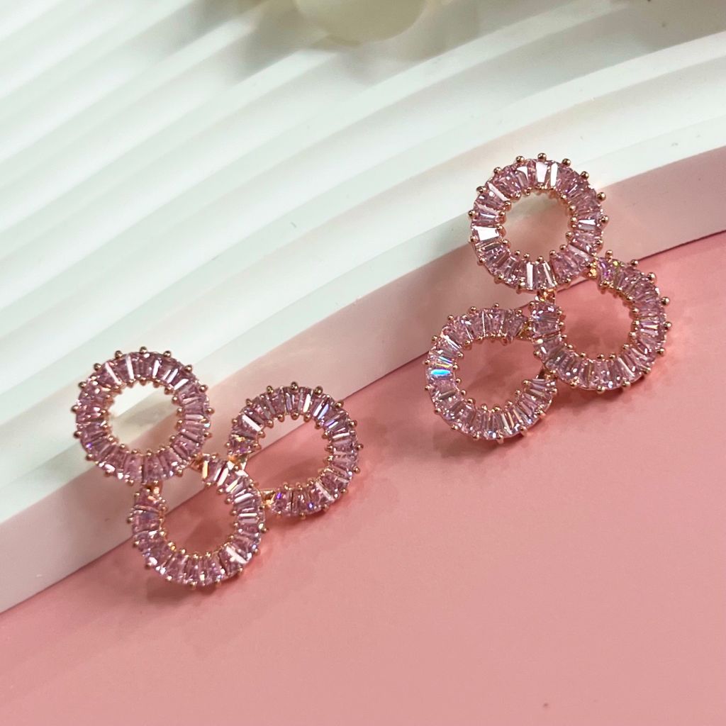  Bông Tai 3 Vòng Tròn Bản To Pha Lê Hồng 