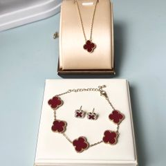  Bộ Trang Sức Cỏ 4 Lá May Mắn - Dây Chuyền, Vòng Tay & Bông Tai Màu Đỏ Pha Lê Trắng (AM) 