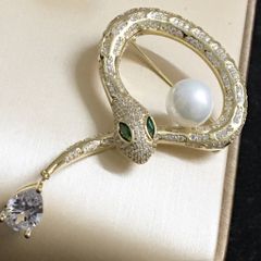  Cài Áo Nam, Nữ - Con Rắn Ngọc Trai & Pha Lê Xanh, Trắng 