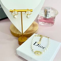  Bộ Trang Sức Dior Vàng - Vòng cổ Choker, Vòng Tay & Bông Tai Ngọc Trai Quý Phái (AE) 