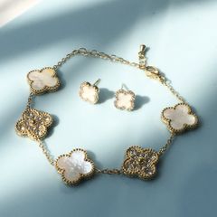  Bộ Trang Sức Cỏ 4 Lá May Mắn - Vòng Tay & Bông Tai Màu Vàng Size Nhỏ Pha Lê (AK) 