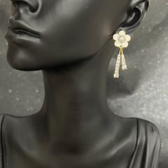  Bông Tai Hoa Trà Màu Vàng Ngọc Trai & Pha Lê Trắng (CG) 