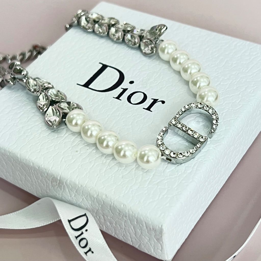  Bộ Trang Sức Dior Trắng - Vòng cổ Choker & Bông Tai Ngọc Trai, Pha Lê Quý Phái (AF) 