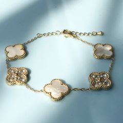  Bộ Trang Sức Cỏ 4 Lá May Mắn - Vòng Tay & Bông Tai Màu Vàng Bản To Pha Lê (AL) 